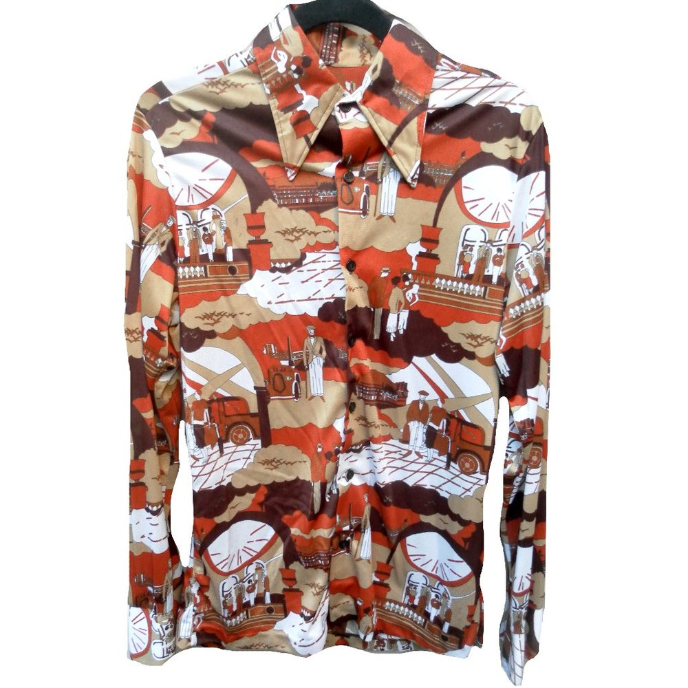 Vintage brown/orange 70s Picture long sleeve shirt M